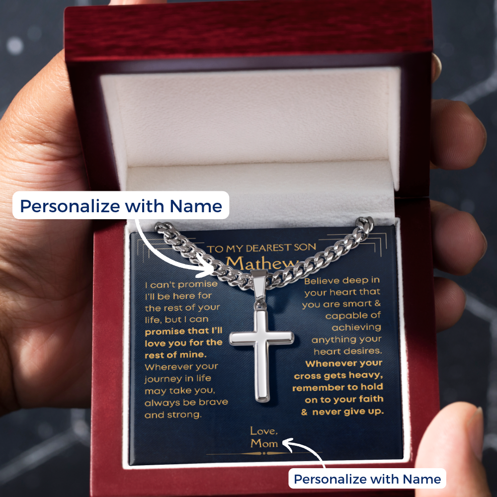Son, Faith - Cuban Chain Cross Necklace w/ Personalized Message Card
