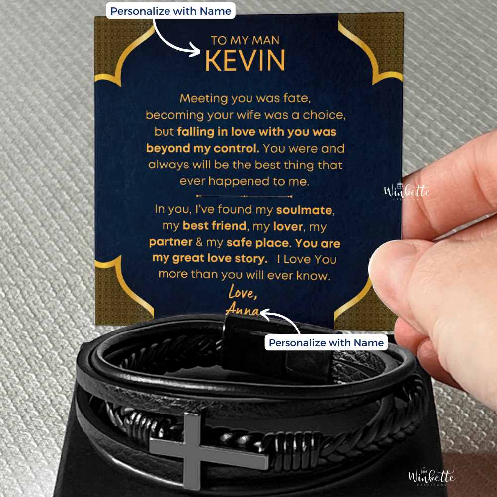 My Man, My Great Love Story - Men's Cross Bracelet w/ Personalized Message Card (M2-P)