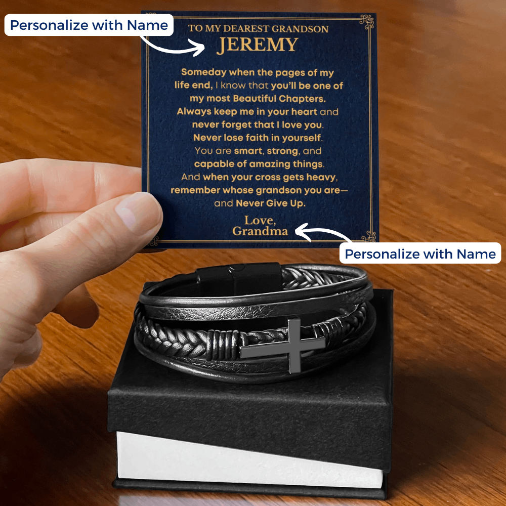 Personalized Grandson Cross Bracelet Gift with Custom Name Message Card from Grandma – Inspirational Keepsake for Grandson”