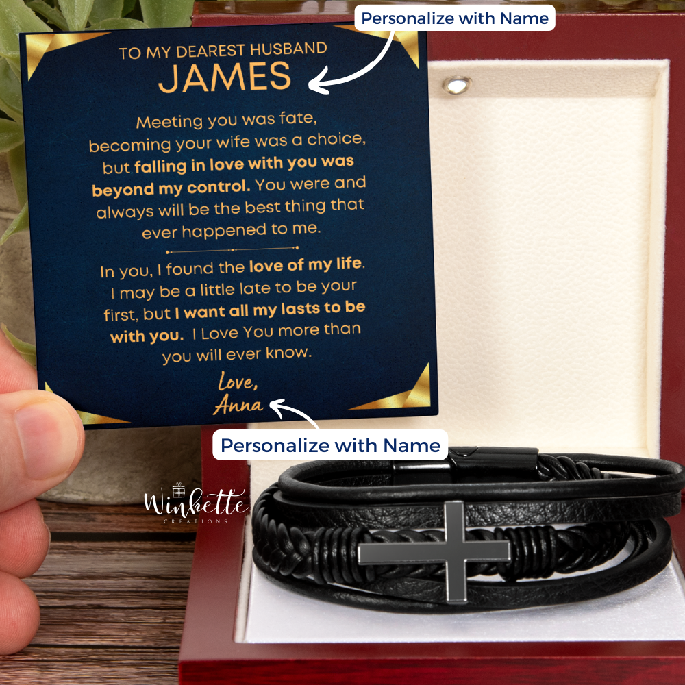 Husband, Meeting You Was Fate - Leather Cross Bracelet W/ Personalized Message Card (H4-P)
