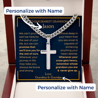 Thumbnail for Grandson, Never Give Up - Cuban Chain Cross Necklace W/ Personalized Message Card