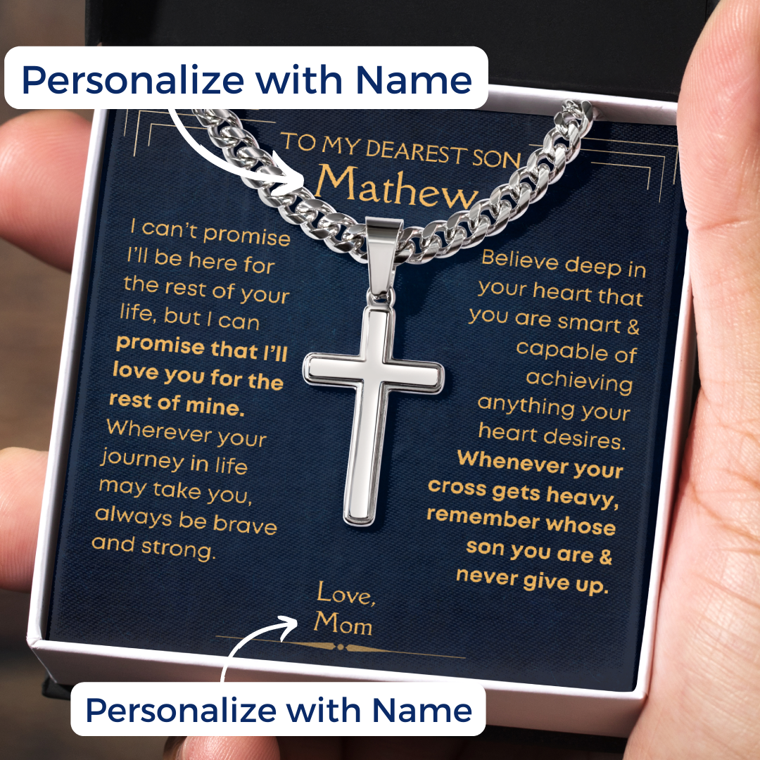Son, Believe - Cuban Chain Cross Necklace w/ Personalized Message Card