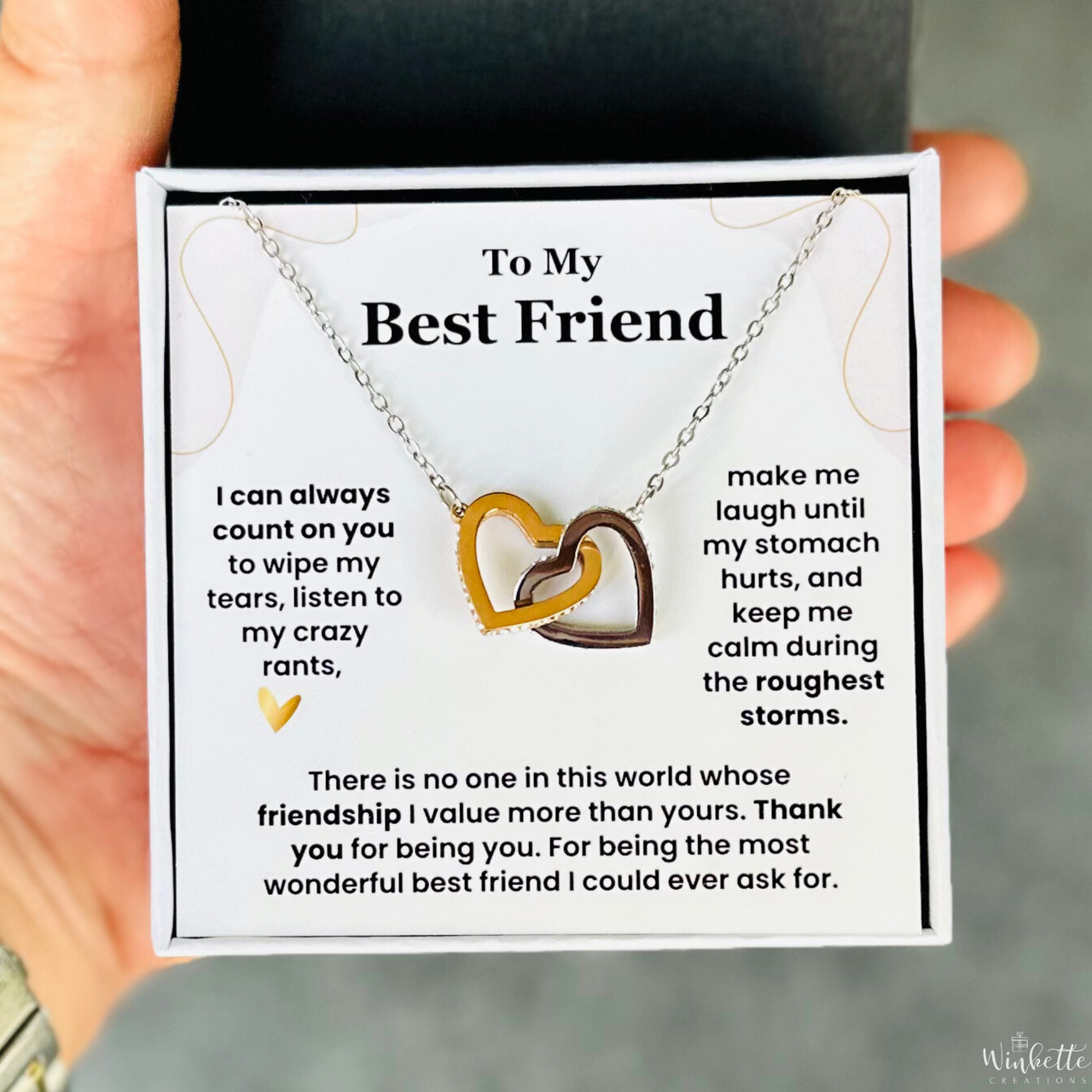 Sentimental interlocking hearts necklace for best friend in gift box with heartfelt message card, perfect jewelry gift for women.