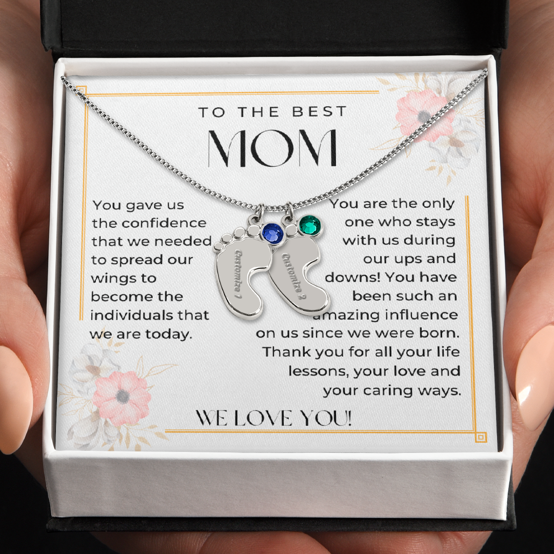 Mom, We Love You - Custom Footprint Necklace with Birthstone