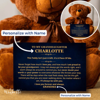 Thumbnail for Brown teddy bear with a personalized message card in canvas in front of it. Gift for granddaughter