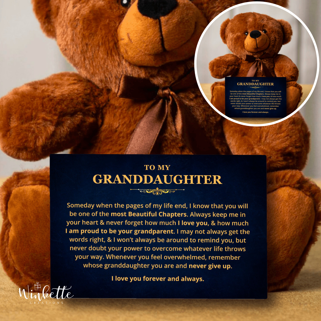 Brown teddy bear with a message card for granddaughter on a light background