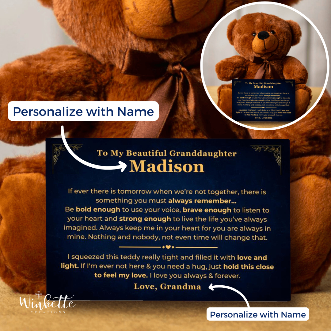 Brown teddy bear with a personalized message card in canvas in front of it. Gift for granddaughter