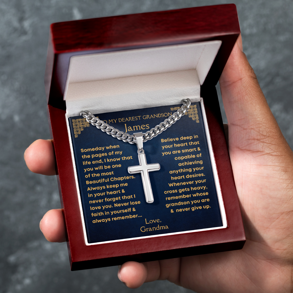 Grandson, Someday - Cuban Chain Cross Necklace w/ Personalized Message Card