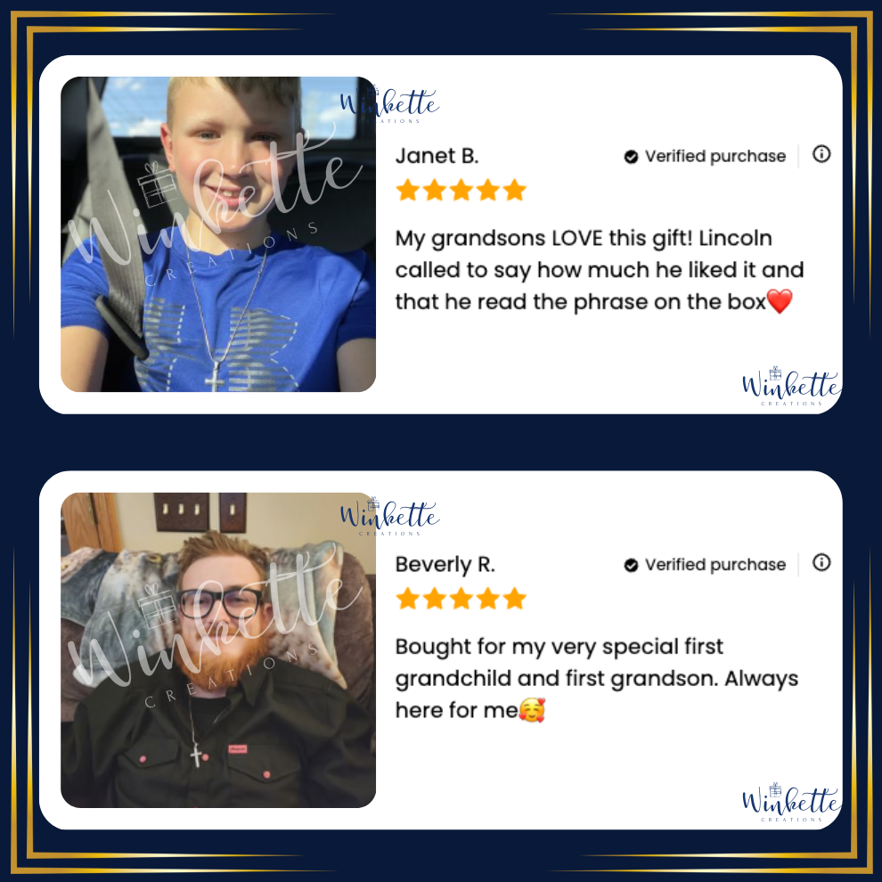 Two product reviews with customer photos and text on a dark blue background.