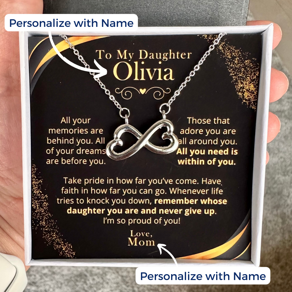 Daughter, Proud Of You - Infinity Hearts Necklace With Personalized Message Card (D14-P)