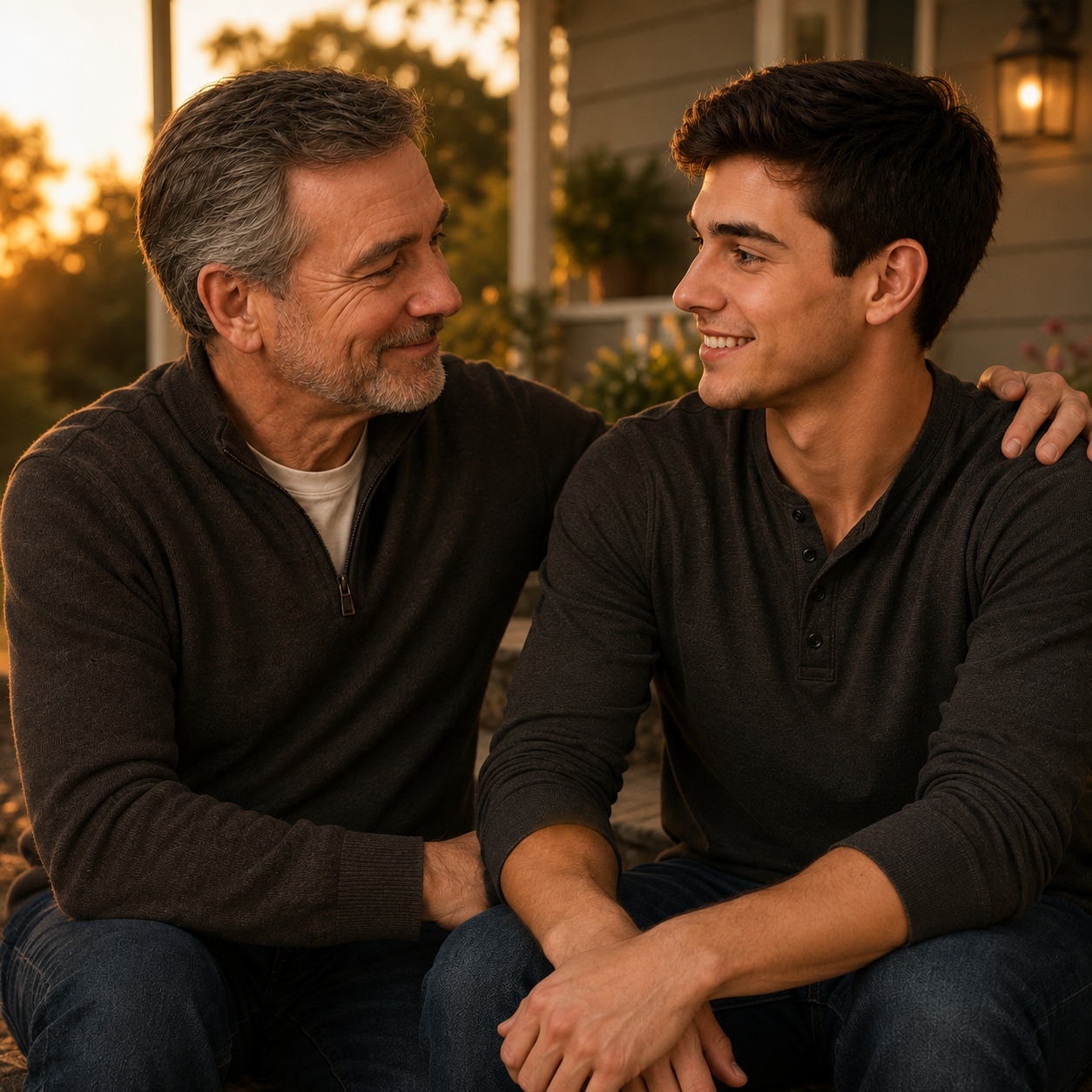 Father giving his adult son a black leather cross bracelet as a meaningful Christian gift for son.