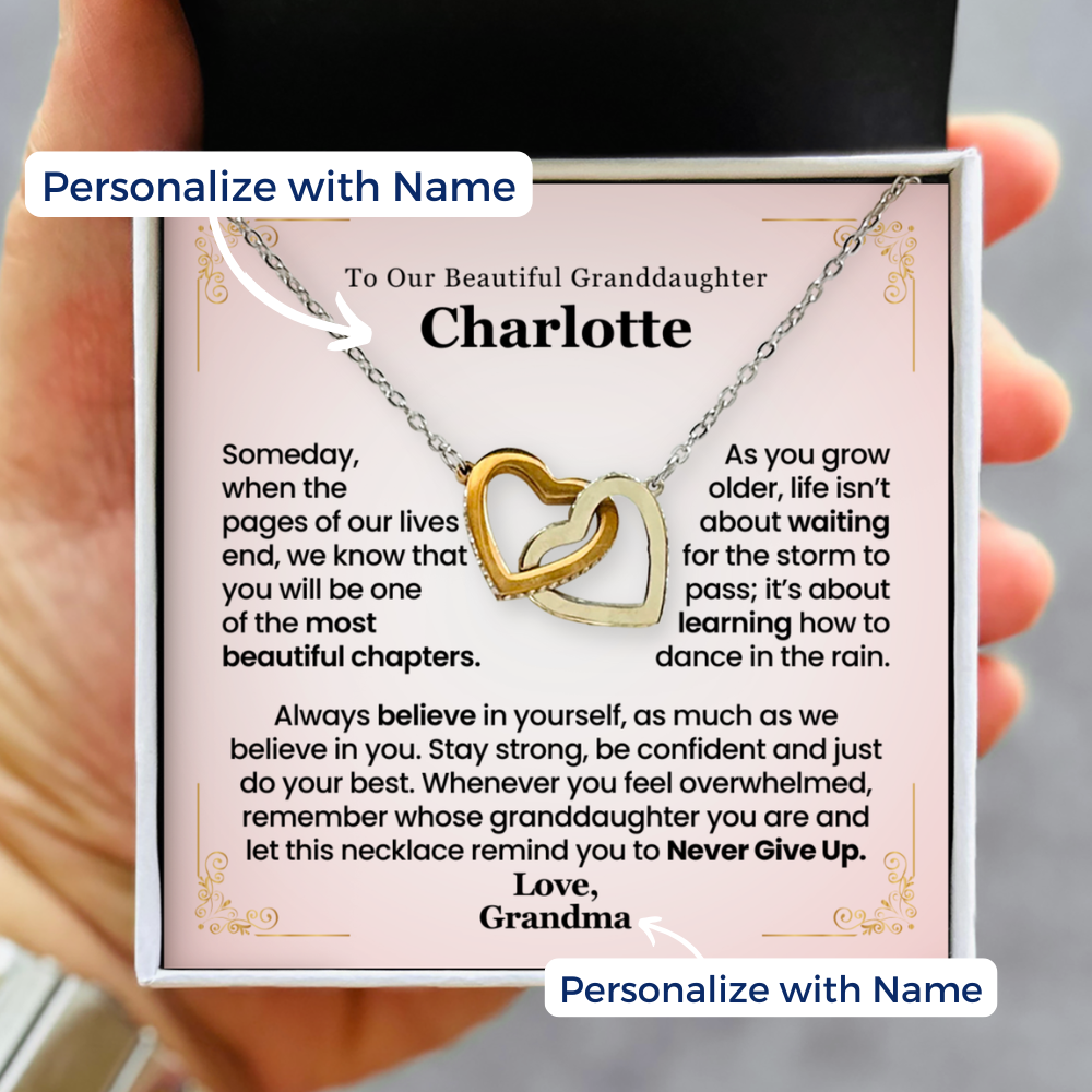 Necklace for granddaughter with a sentimental personalized message card held by a hand