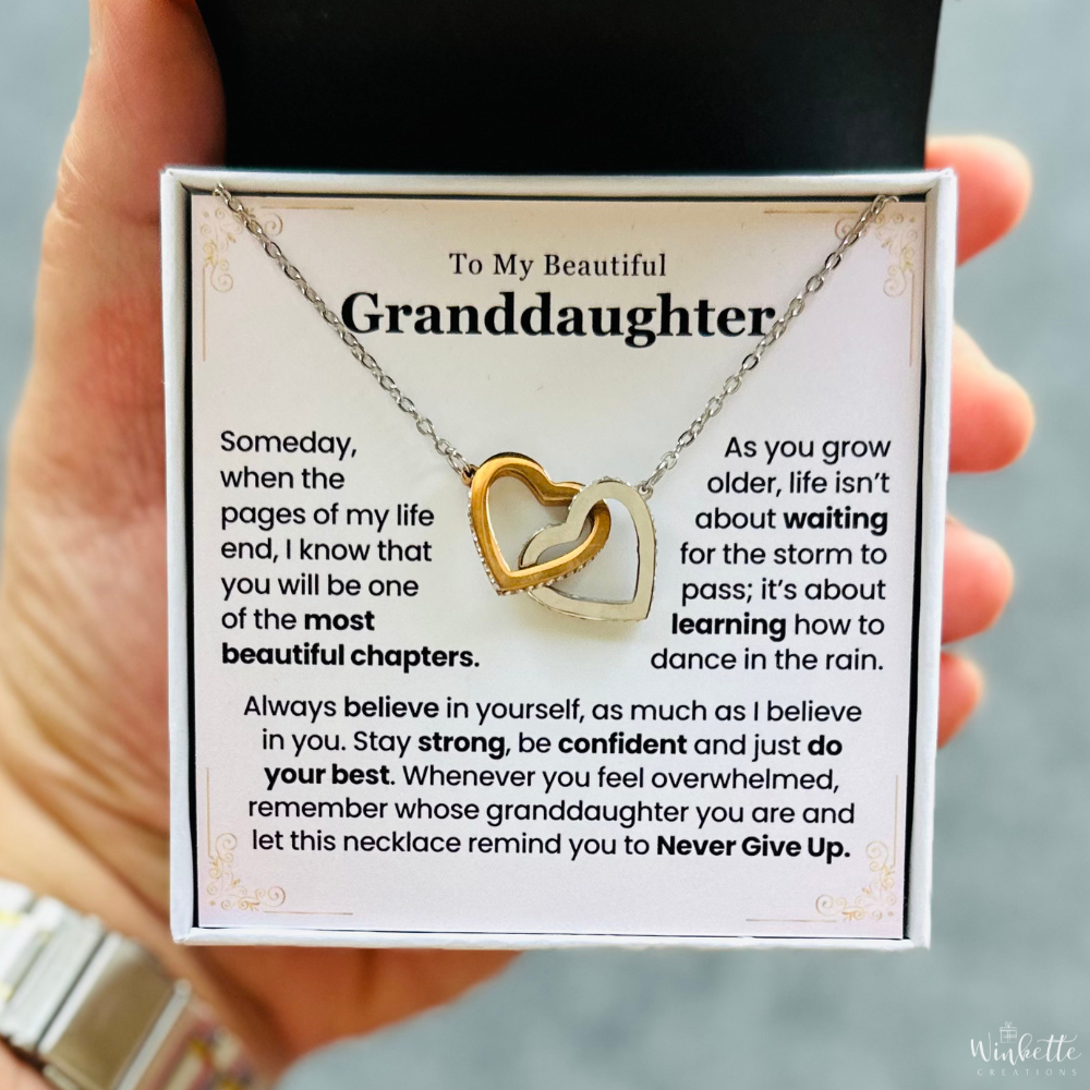 Interlocking hearts necklace gift for granddaughter displayed in a gift box with heartfelt message card about confidence, love, and never giving up – perfect sentimental gift from grandparent.