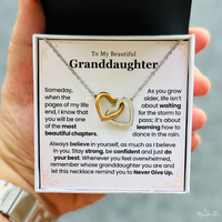 Thumbnail for Interlocking hearts necklace gift for granddaughter displayed in a gift box with heartfelt message card about confidence, love, and never giving up – perfect sentimental gift from grandparent.