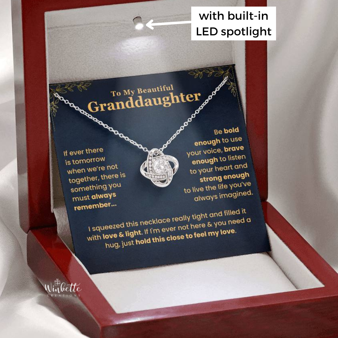 Silver necklace on a message card with luxury box LED light. Gift for granddaughter from grandma grandpa