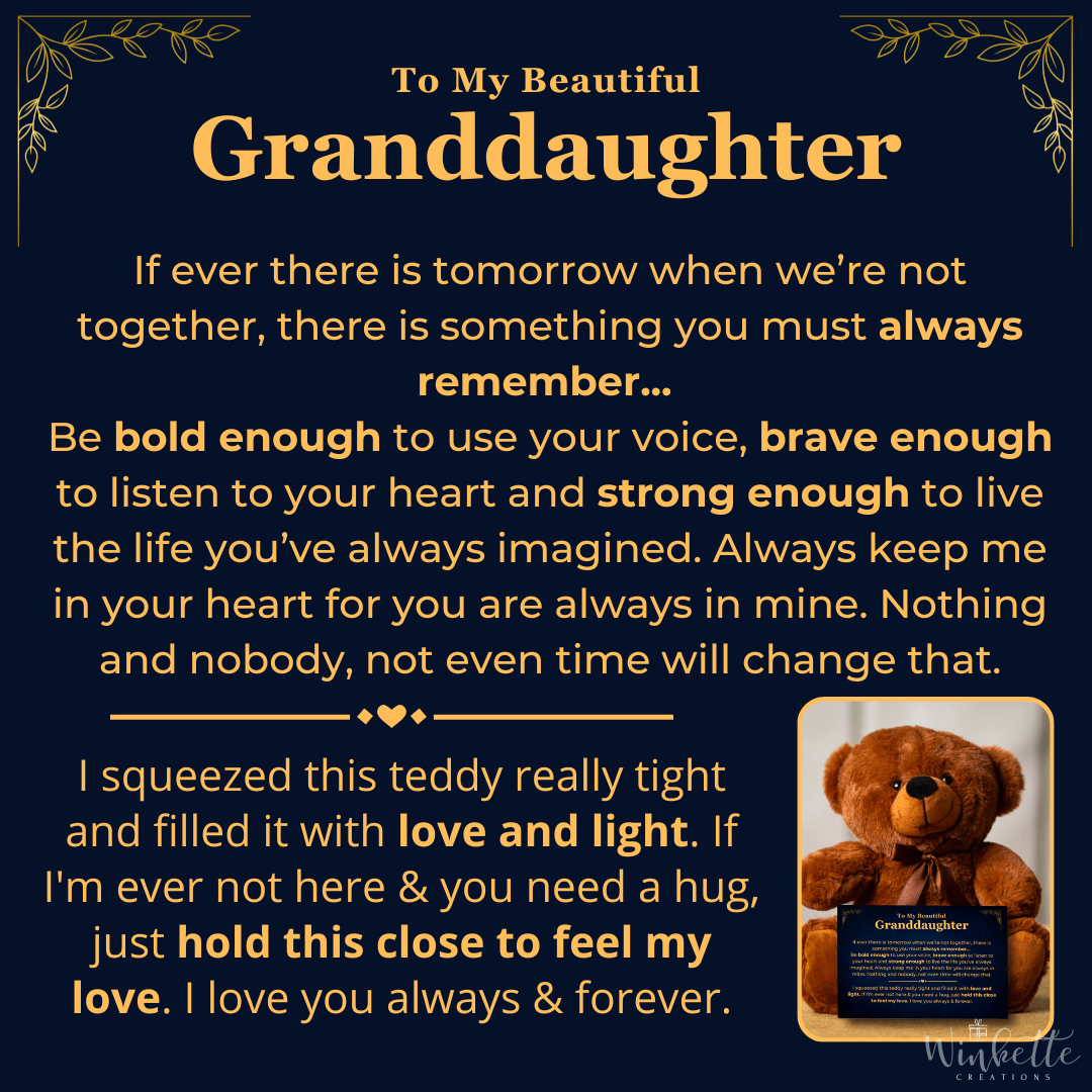 Message to granddaughter with teddy bear and text on a dark background
