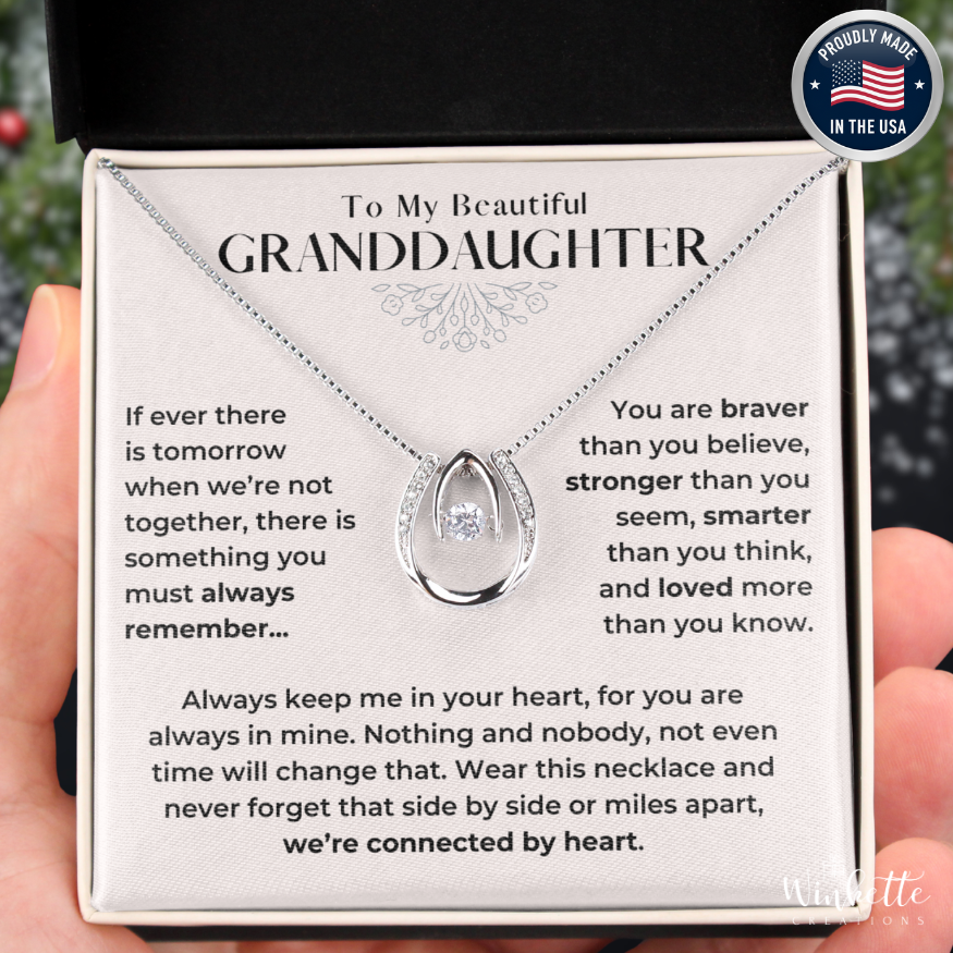 Lucky Horseshoe Necklace with a message for a granddaughter, gift from grandma grandpa