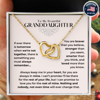Thumbnail for Granddaughter Necklace with two gold interlocking hearts in a box with a message for a granddaughter, held by a person. Gift from grandma grandpa