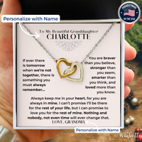 Thumbnail for Granddaughter Necklace with interlocking heart pendants on a personalized card held by a hand. Gift from grandma grandpa