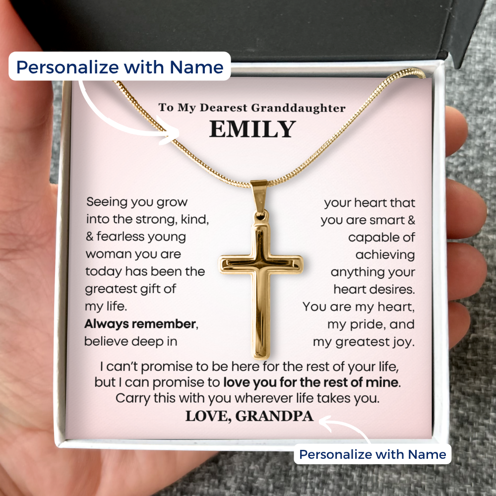 Personalized cross necklace for granddaughter in classic gift box, 18K yellow gold finish, meaningful jewelry gift from grandparent.