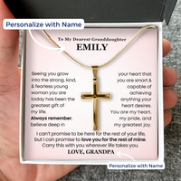 Thumbnail for Personalized cross necklace for granddaughter in classic gift box, 18K yellow gold finish, meaningful jewelry gift from grandparent.