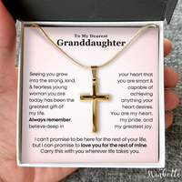 Thumbnail for Gold cross necklace in a box with a message for a granddaughter, held by a hand. Gift from grandma or grandpa
