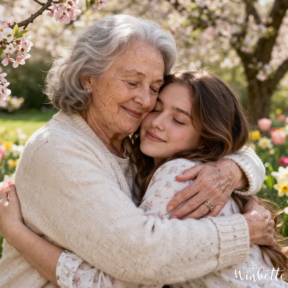 Grandmother hugging granddaughter in spring garden, emotional gift moment, magnetic hearts necklace for granddaughter