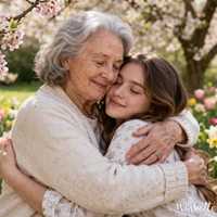 Thumbnail for Grandmother hugging granddaughter in spring garden, emotional gift moment, magnetic hearts necklace for granddaughter