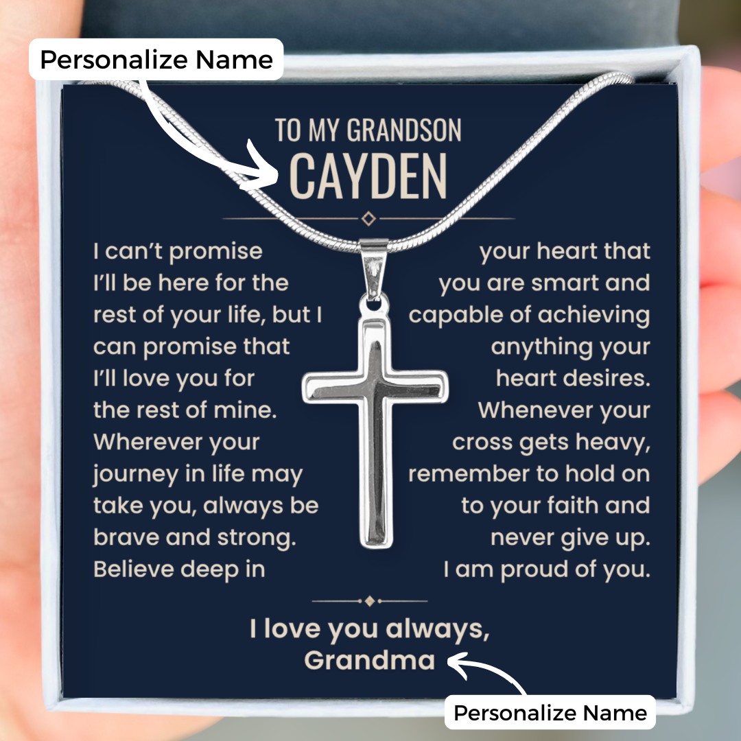 To My Grandson, Brave and Strong - Cross Necklace - Personalized (GS110-P)