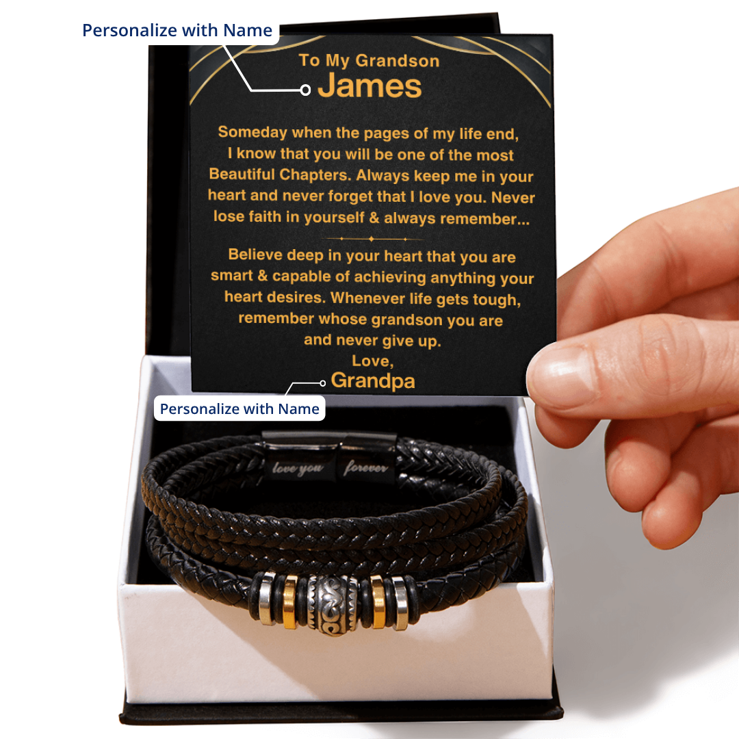 Grandson, Never Give Up - Leather Bracelet With Personalized Message Card Gift Set (GS112-P)