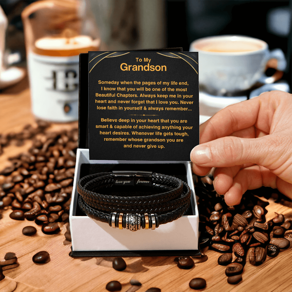 Grandson, Never Give Up - Leather Bracelet Gift Set (GS112)