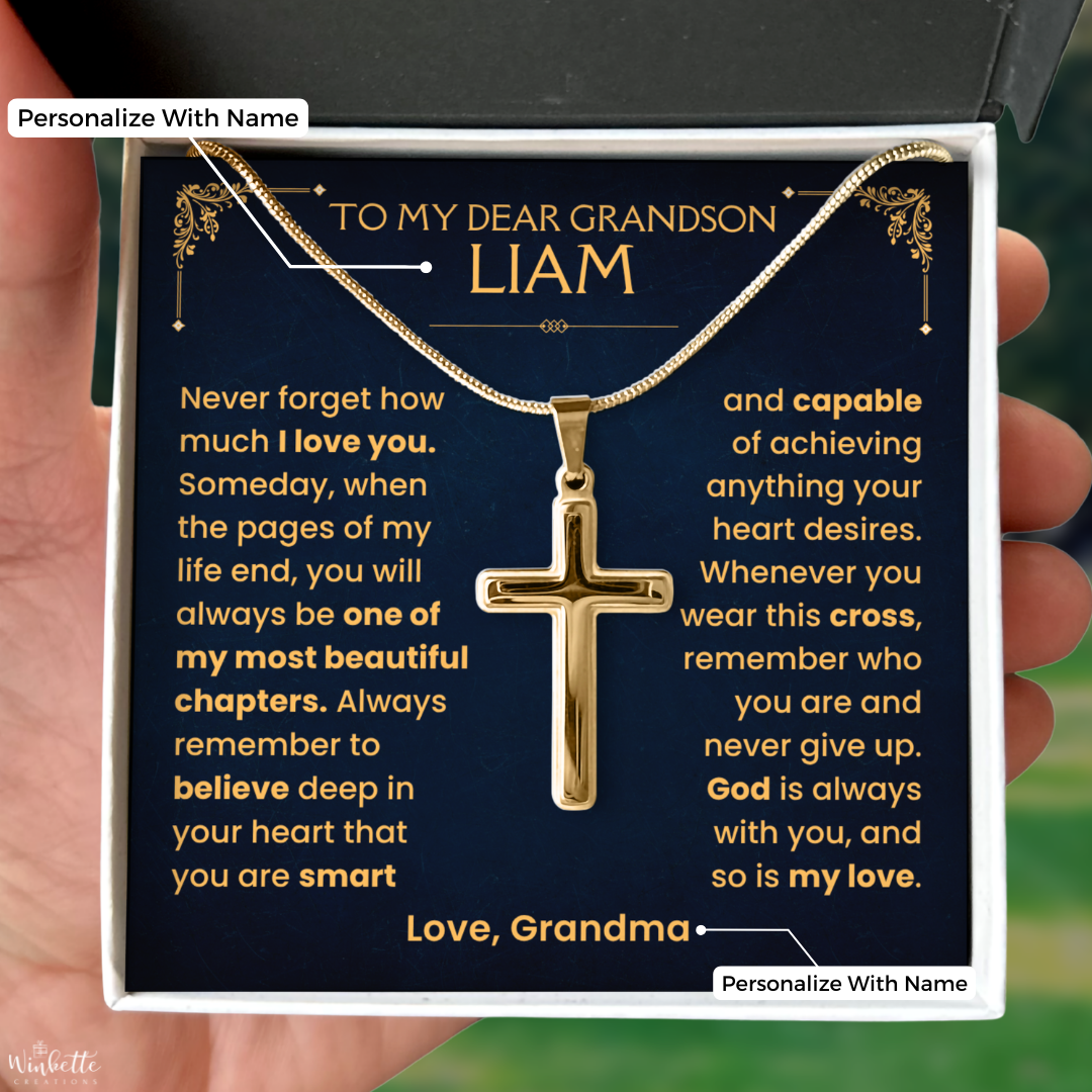To My Grandson, Cross Necklace with Personalized Message Card Gift Set (GS113-P)