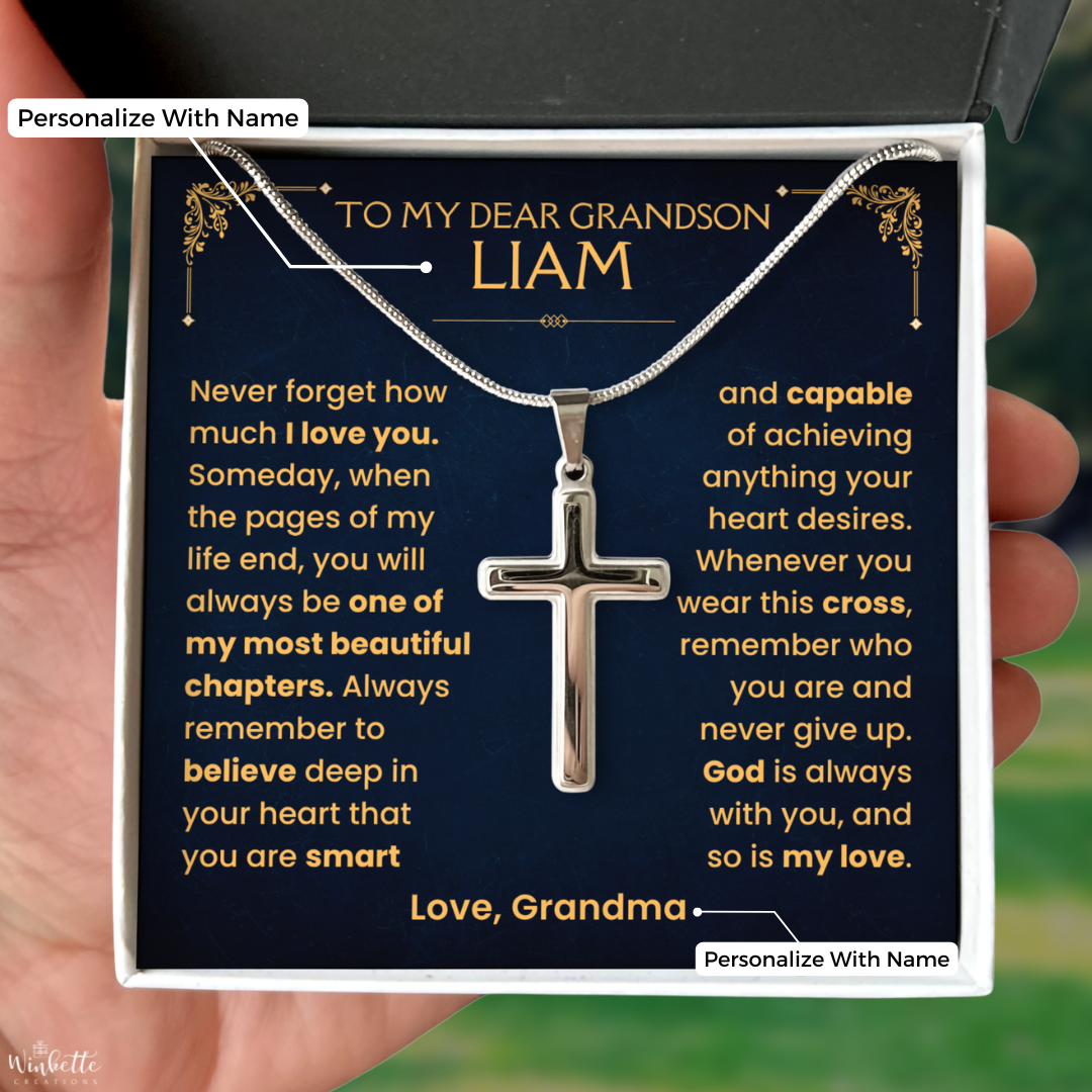 To My Grandson, Cross Necklace with Personalized Message Card Gift Set (GS113-P)