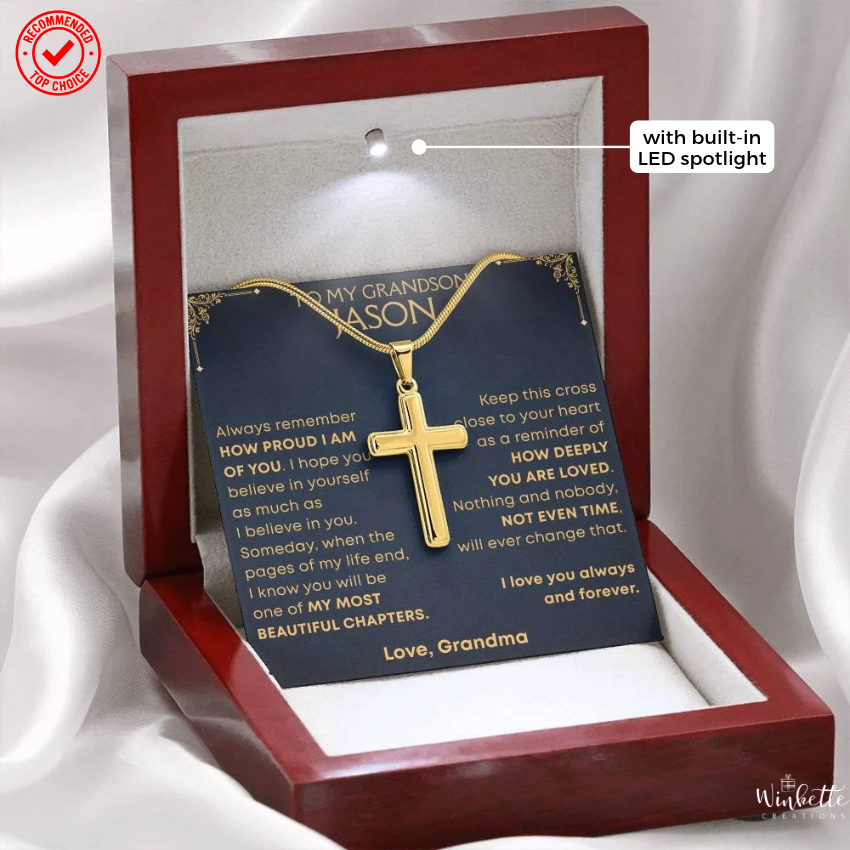 Grandson, My Most Beautiful Chapters - Cross Necklace with Personalized Message Card Gift Set (GS114-P)