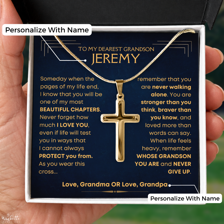 To My Grandson, My Most Beautiful Chapters - Cross Necklace with Personalized Message Card Gift Set (GS115-P)