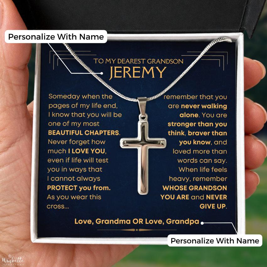 To My Grandson, My Most Beautiful Chapters - Cross Necklace with Personalized Message Card Gift Set (GS115-P)