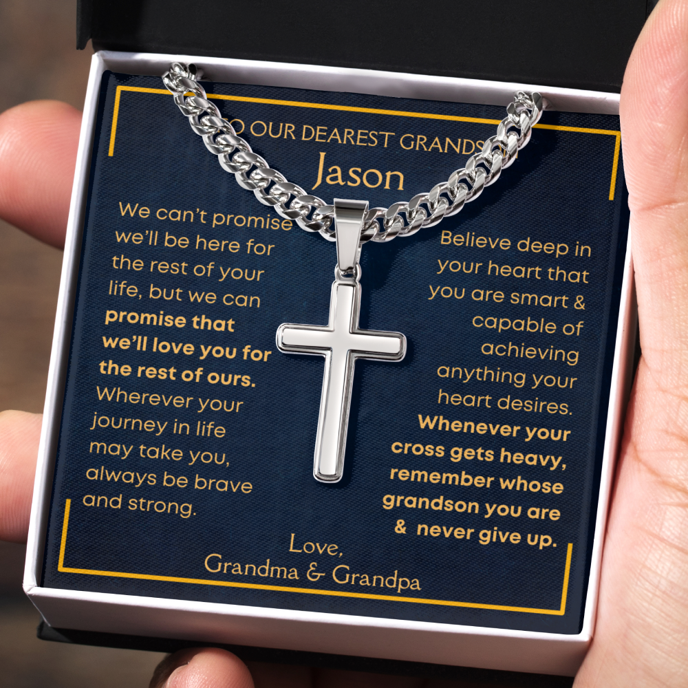 Grandson, Never Give Up - Cuban Chain Cross Necklace W/ Personalized Message Card