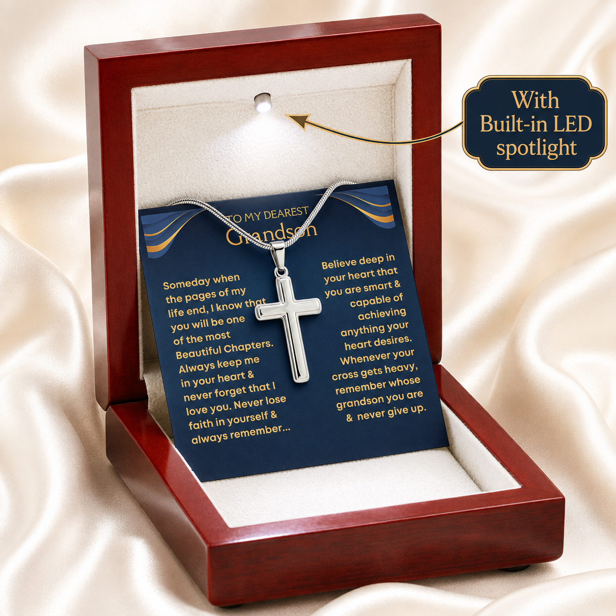 GS34 personalized grandson cross necklace displayed in a mahogany gift box with built-in LED spotlight and sentimental message card.