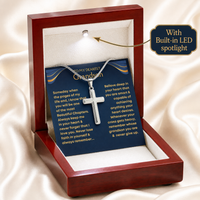 Thumbnail for GS34 personalized grandson cross necklace displayed in a mahogany gift box with built-in LED spotlight and sentimental message card.