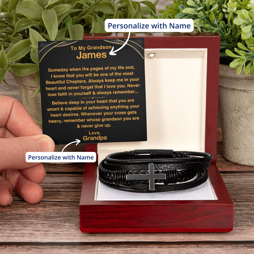 Grandson, Never Give Up - Cross Bracelet With Personalized Message Card (GS57-P)