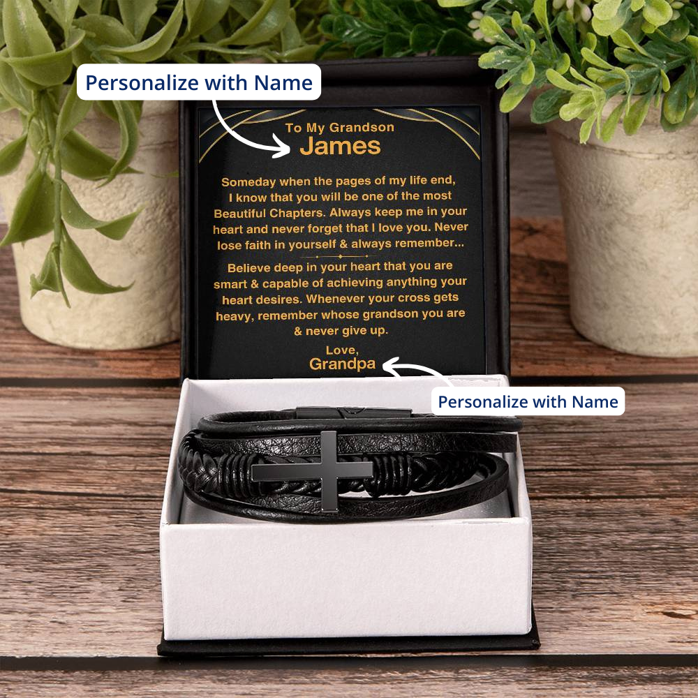 Grandson, Never Give Up - Cross Bracelet With Personalized Message Card (GS57-P)