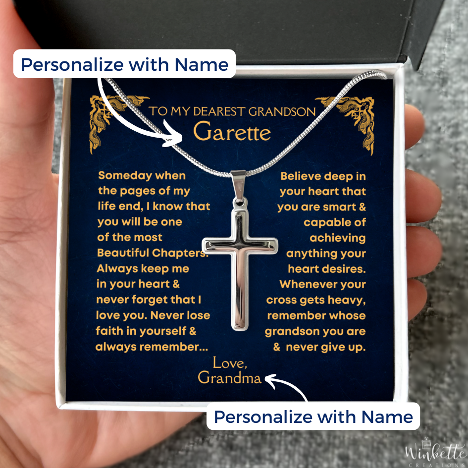 Personalized cross necklace for grandson with custom name and heartfelt message from grandma. Gift by Winkette Creations.