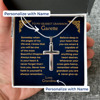 Thumbnail for Personalized cross necklace for grandson with custom name and heartfelt message from grandma. Gift by Winkette Creations.