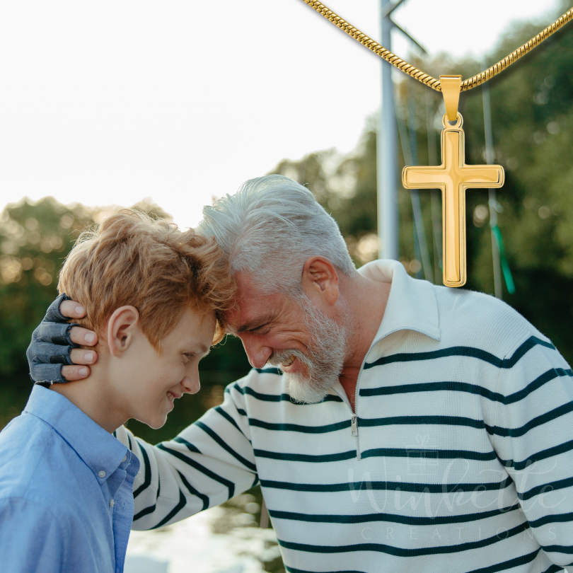 Emotional moment between grandfather and grandson as they touch foreheads and smile, with a silver cross necklace shown above. A meaningful Christian gift for grandson from grandpa — symbolizing love, guidance, and faith. Ideal for birthdays, holidays, or keepsake gifts for grandsons.
