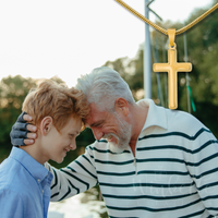 Thumbnail for Emotional moment between grandfather and grandson as they touch foreheads and smile, with a silver cross necklace shown above. A meaningful Christian gift for grandson from grandpa — symbolizing love, guidance, and faith. Ideal for birthdays, holidays, or keepsake gifts for grandsons.