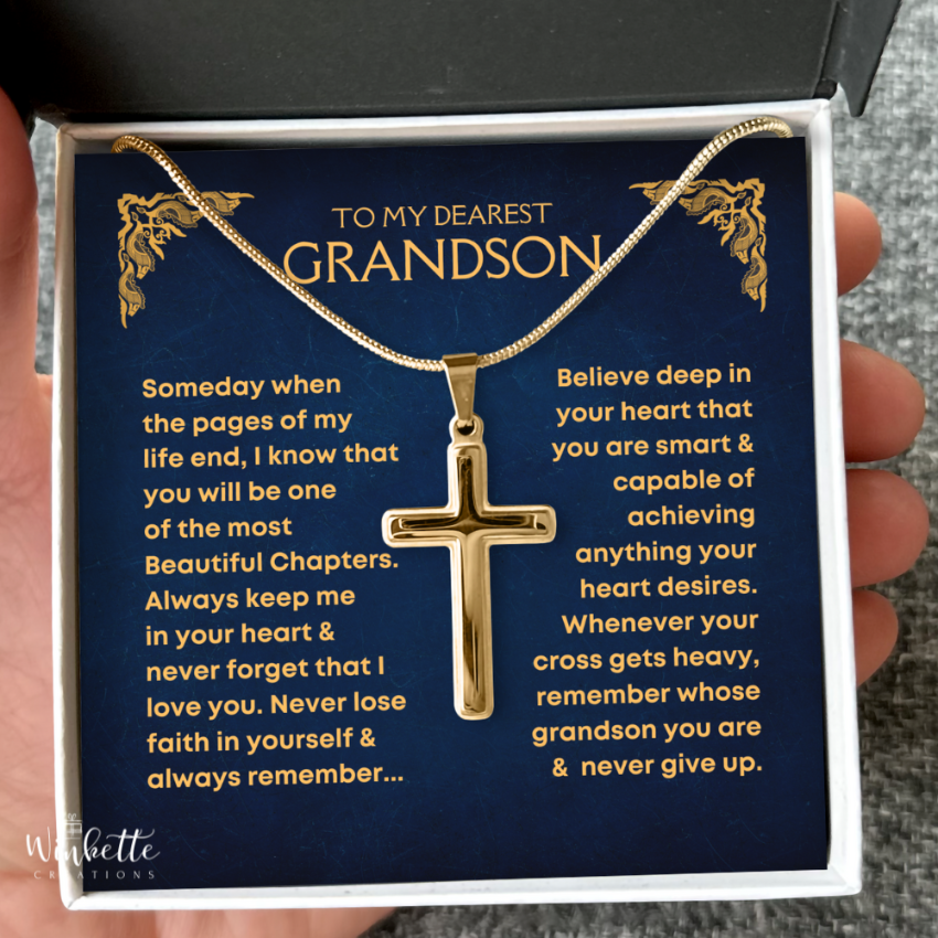 Gold Cross necklace gift for grandson with heartfelt message card. Inspirational Christian jewelry from Grandma