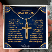 Thumbnail for Gold cross necklace in a decorative box with personalized message to a grandson from grandma grandpa