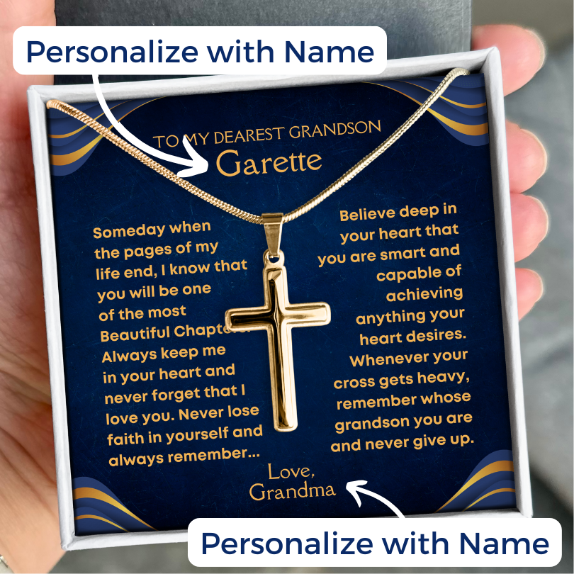 Grandson, Never Give Up - Gold Cross Necklace - Personalized (GS79-P)