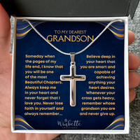 Thumbnail for Silver cross necklace in a decorative box with a message for a grandson from grandma grandpa