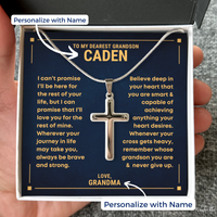 Thumbnail for Silver cross necklace with sentimental presonalized message on a dark blue card held by a hand. Gift for grandson from grandma grandpa